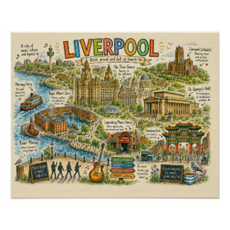 Póster Mapa Ilustrado de Liverpool: Pontos Turísticos e M