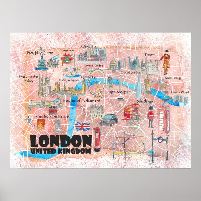 Poster Mapa Ilustrado de Londres no Reino Unido com Ponto (Frente)