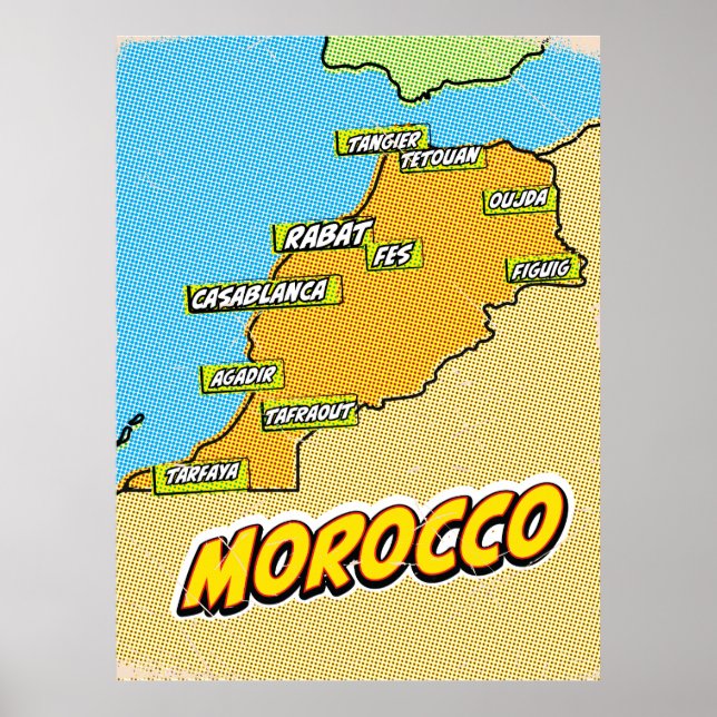 Poster Mapa ilustrado de Marrocos em Pop Art (Frente)