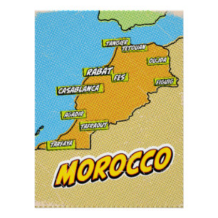 Póster Mapa ilustrado de Marrocos em Pop Art
