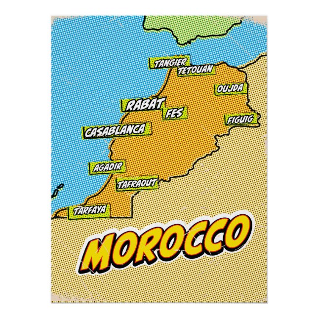 Póster Mapa ilustrado de Marrocos em Pop Art (Frente)