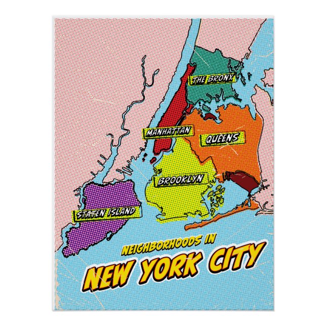 Póster Mapa ilustrado de Nova York em Pop Art (Frente)