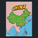 Póster Mapa ilustrado de pop Art na China<br><div class="desc">Pop Art Ilustrou o mapa asiático da China em um belo estilo vestido na safra.</div>