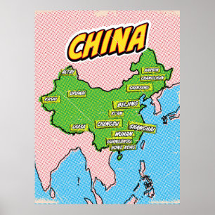 Poster Mapa ilustrado de pop Art na China