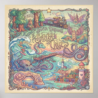 Poster Mapa Ilustrado de Santa Cruz Califórnia Dreamscape