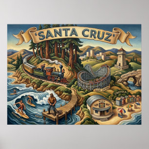 Poster Mapa Ilustrado de Santa Cruz Califórnia UCSC Cais