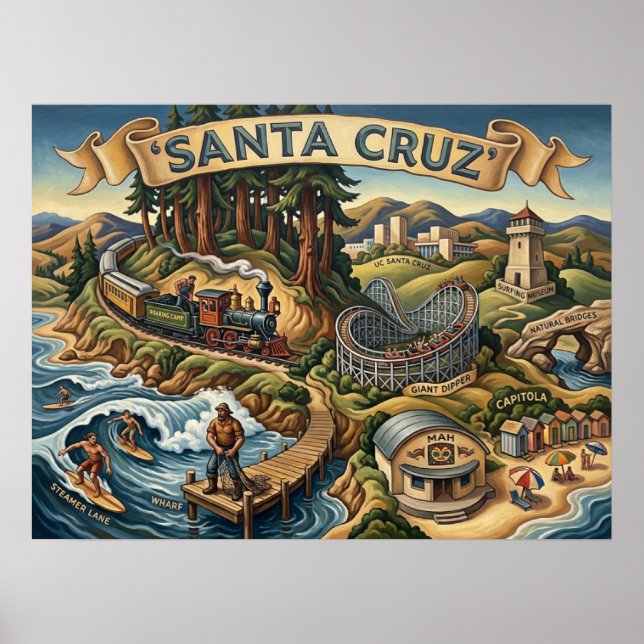 Poster Mapa Ilustrado de Santa Cruz Califórnia UCSC Cais (Frente)