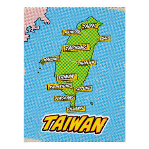 Póster Mapa ilustrado de Taiwan em Pop Art