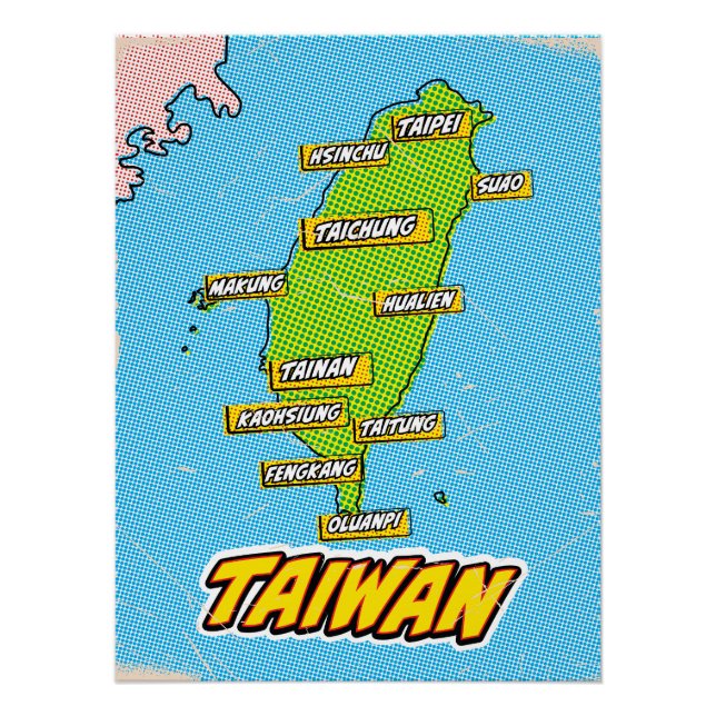 Póster Mapa ilustrado de Taiwan em Pop Art (Frente)