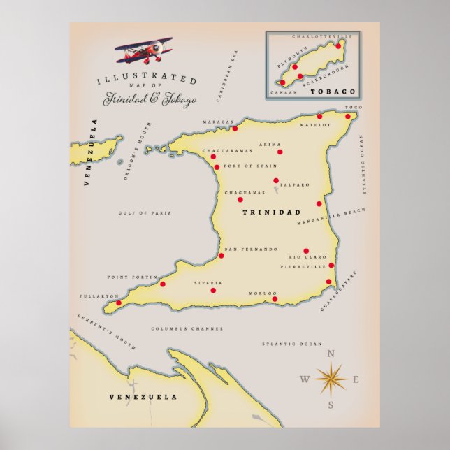 Poster Mapa ilustrado de Trinidad e Tobago (Frente)