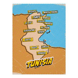 Póster Mapa ilustrado de Tunísia em Pop Art