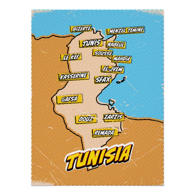 Póster Mapa ilustrado de Tunísia em Pop Art (Frente)