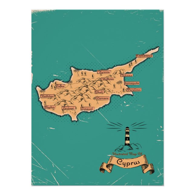Póster Mapa ilustrado de Viagem Chipre (Frente)