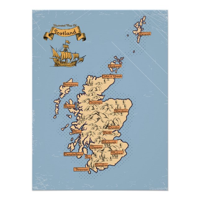 Póster Mapa ilustrado de Viagem da Escócia (Frente)