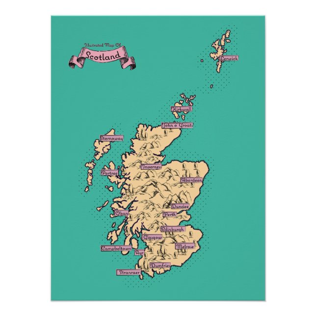 Póster Mapa ilustrado de Viagem da Escócia (Versão Teal) (Frente)