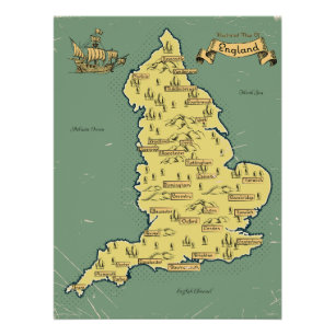 Póster Mapa ilustrado de Viagem da Inglaterra