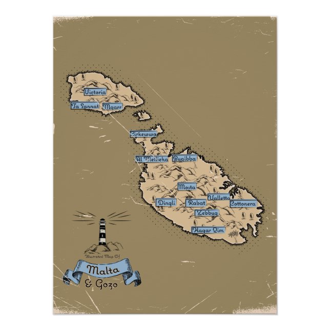 Póster Mapa ilustrado de Viagem Malta (Frente)