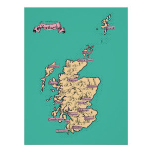 Póster Mapa ilustrado de viagens da Escócia (Versão Verde