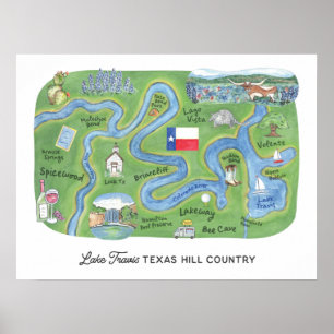 Poster Mapa Ilustrado do País do Lago Travis Texas Hill
