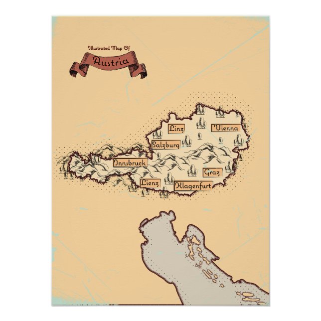 Póster Mapa ilustrado vintage da Áustria (Frente)