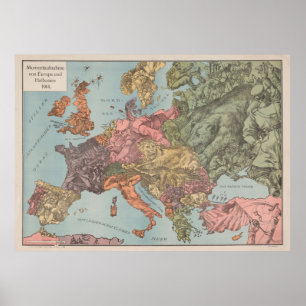 Poster Mapa Ilustrativo da Vintage WWI Europe (1915)