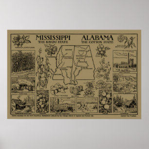 Poster Mapa Ilustrativo de Vintage Alabama e Mississippi