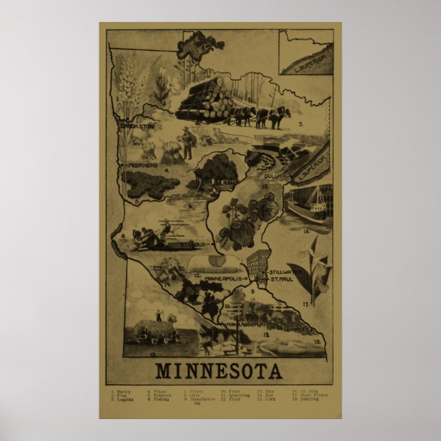 Poster Mapa Ilustrativo de Vintage Minnesota (1921) - Tan (Frente)