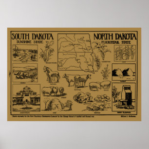 Poster Mapa ilustrativo do vintage dos Dakotas (1912)