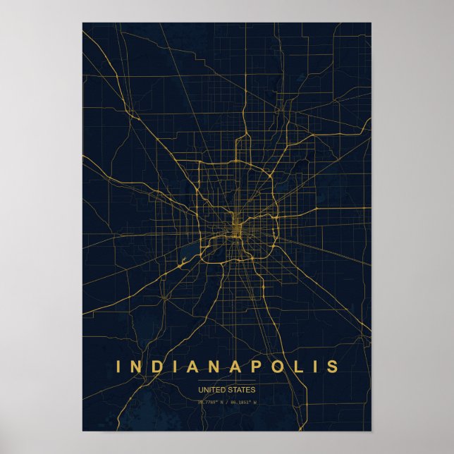 Poster Mapa Impresso Estilizado de Indianapolis Indiana (Frente)