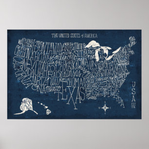 Poster Mapa indicado por letras dos EUA do azul da mão