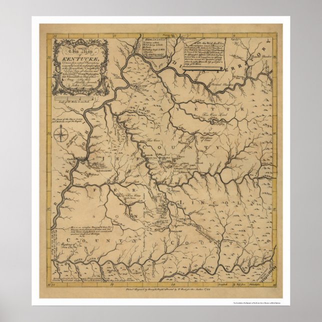 Póster Mapa inicial do Kentucky - 1784 (Frente)
