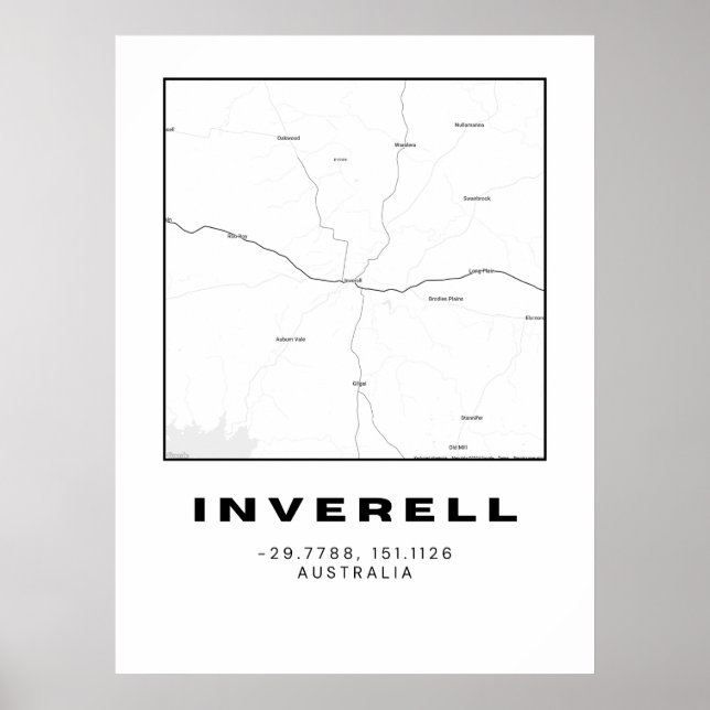 Poster Mapa Inverell Minimalista com Coordenadas | Preto  (Frente)