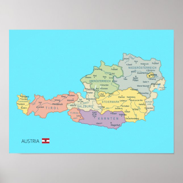 Poster Mapa isolado das regiões da Áustria (Frente)