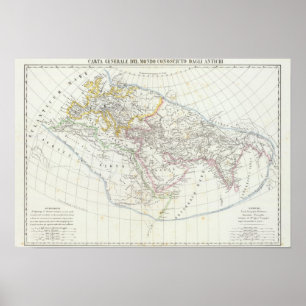 Póster Mapa litografado mundo do hemisfério oriental