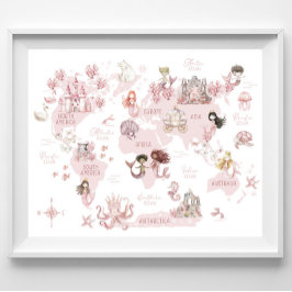 Poster Mapa Mágico do Mundo das Meninas, Sereias Rosa e c