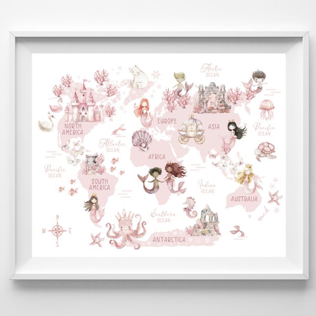 Poster Mapa Mágico do Mundo das Meninas, Sereias Rosa e c (Criador carregado)