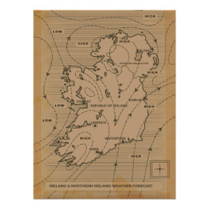 Póster Mapa meteorológico antigo da Irlanda e Irlanda do 