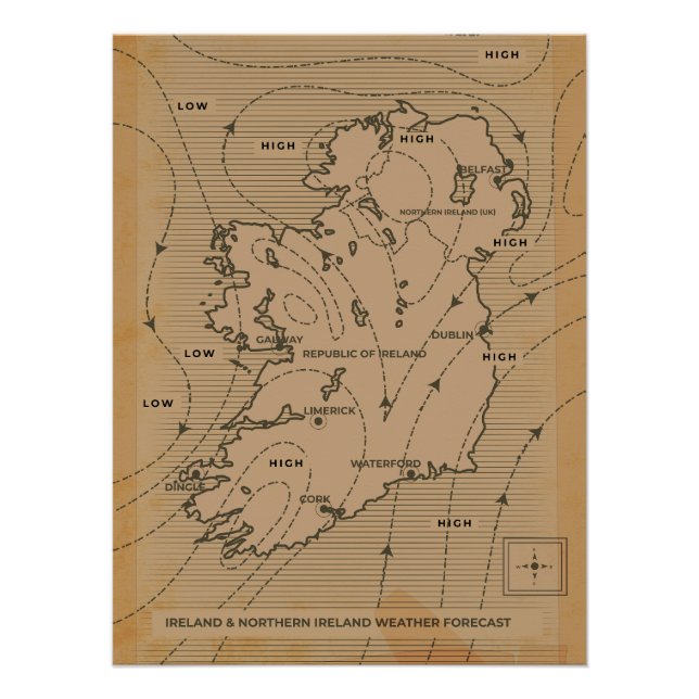 Póster Mapa meteorológico antigo da Irlanda e Irlanda do  (Frente)