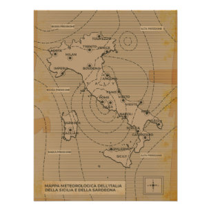 Póster Mapa meteorológico antigo da Itália, Scilly e Sard