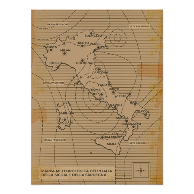 Póster Mapa meteorológico da Itália, da Scilly e da Sarde (Frente)