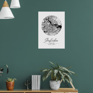 Poster Mapa Minimalista da Cidade de Amsterdã Preto e Bra