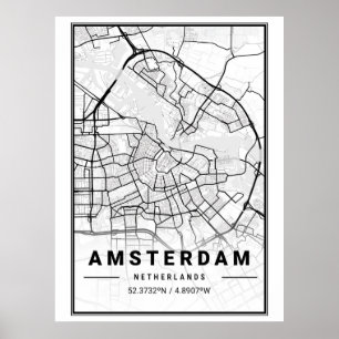 Poster Mapa Minimalista da Cidade de Amsterdã Preto e Bra