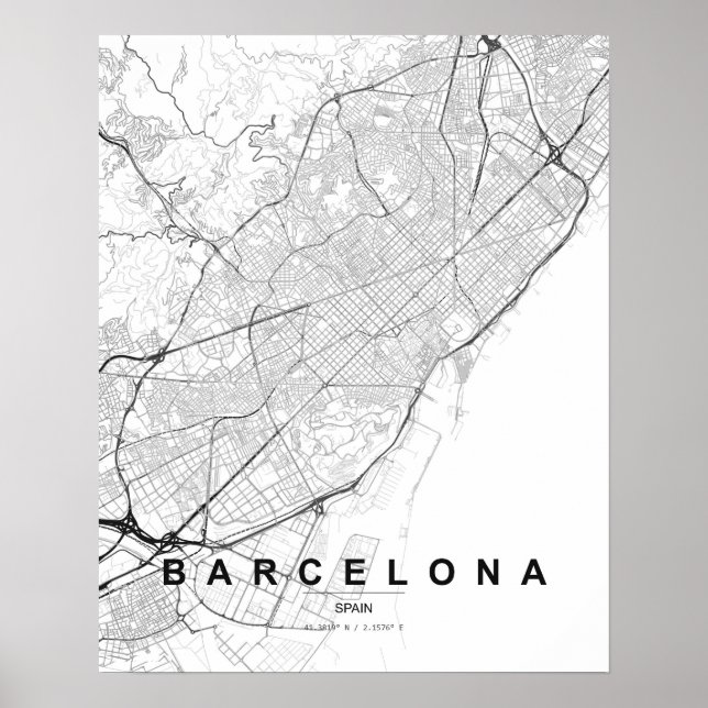 Poster Mapa Minimalista de Barcelona (Preto e Branco) (Frente)