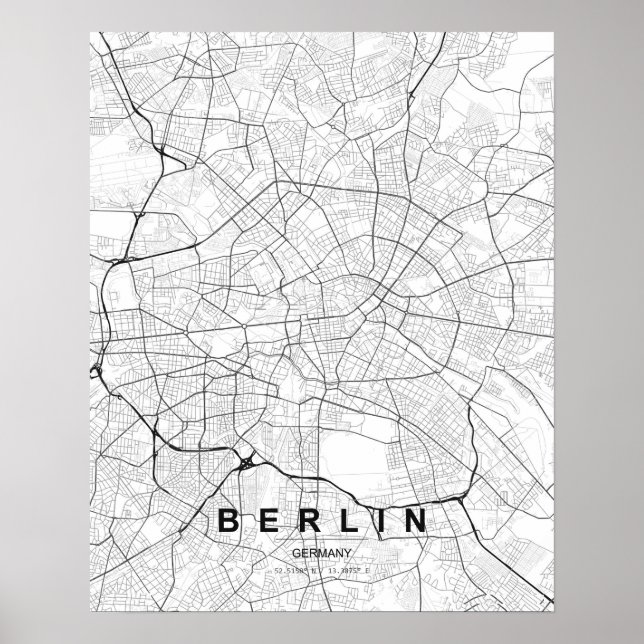 Poster Mapa Minimalista de Berlim (Preto e Branco) (Frente)