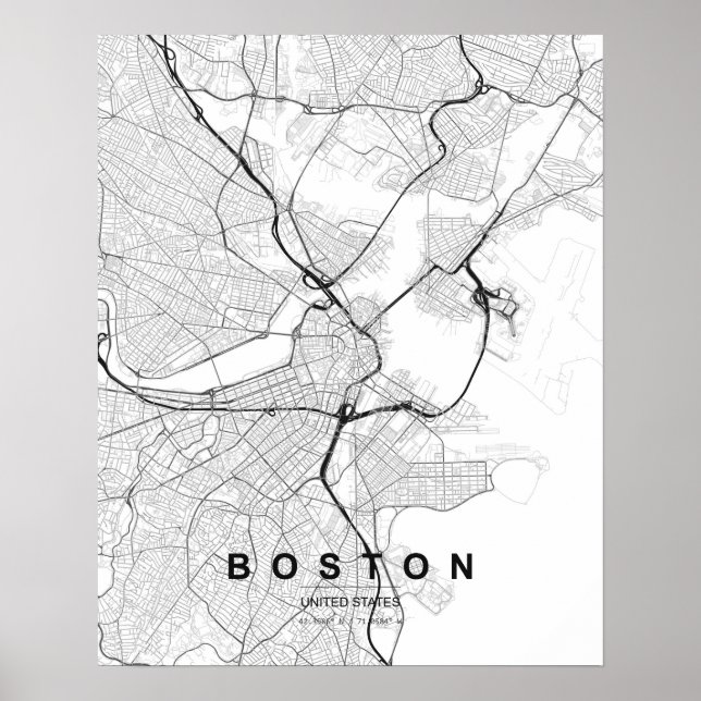 Poster Mapa Minimalista de Boston (Preto e Branco) (Frente)