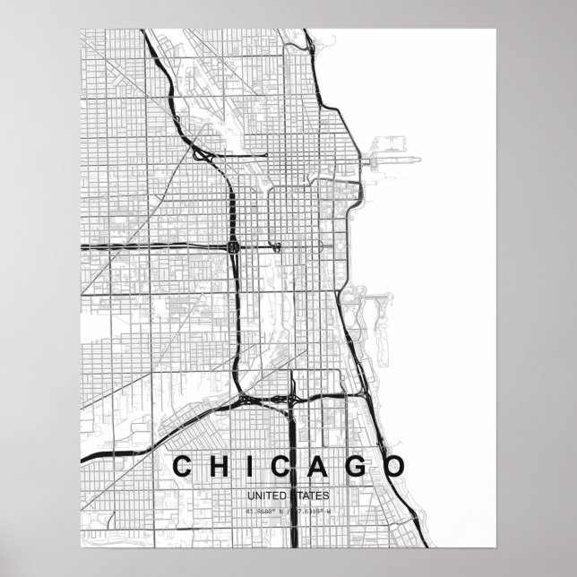 Poster Mapa Minimalista de Chicago (Preto e Branco) (Frente)