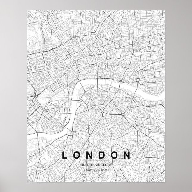 Poster Mapa Minimalista de Londres (Preto e Branco) (Frente)