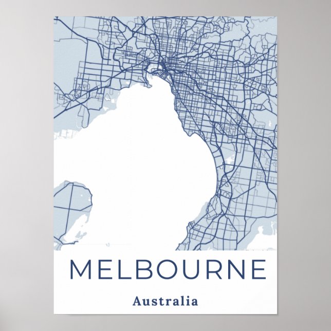 Poster Mapa Minimalista de Melbourne Cinza Azul Moderna (Frente)