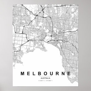 Poster Mapa Minimalista de Melbourne (Preto e Branco)