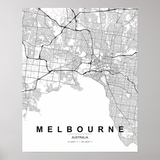 Poster Mapa Minimalista de Melbourne (Preto e Branco) (Frente)